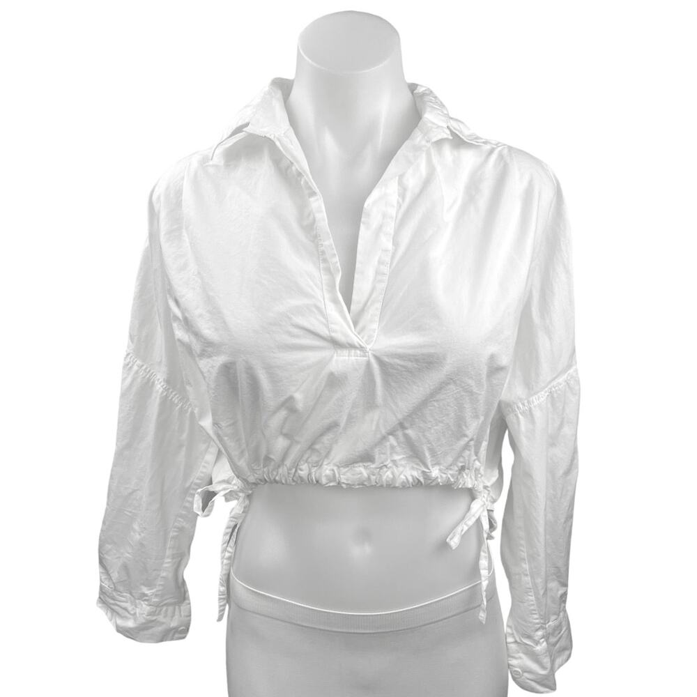French Connection White Collar V-neck Drawstring Ties Crop Top Shirt Blouse XS